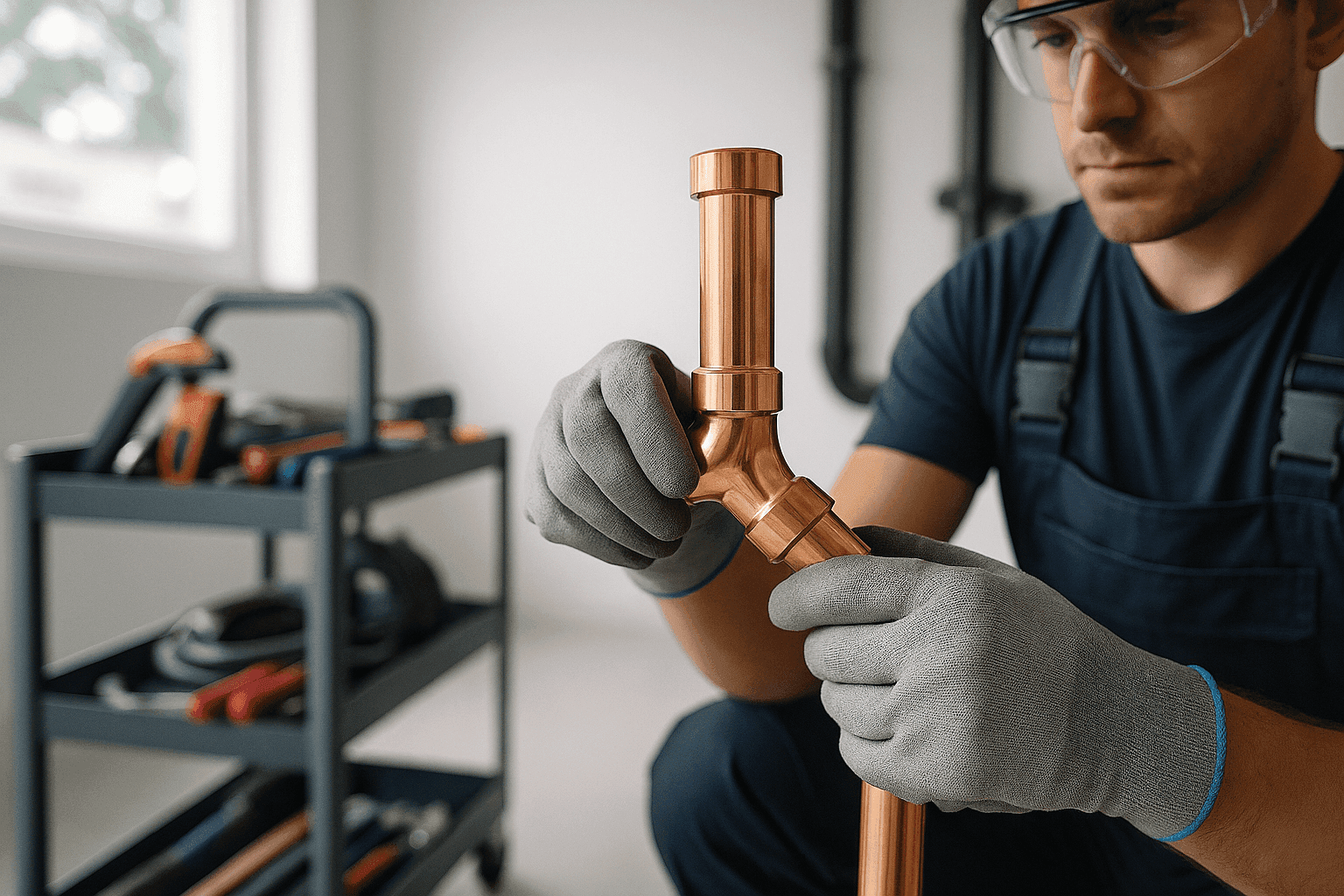 Gloved plumber adjusting copper pipe fitting in clean residential or commercial workspace