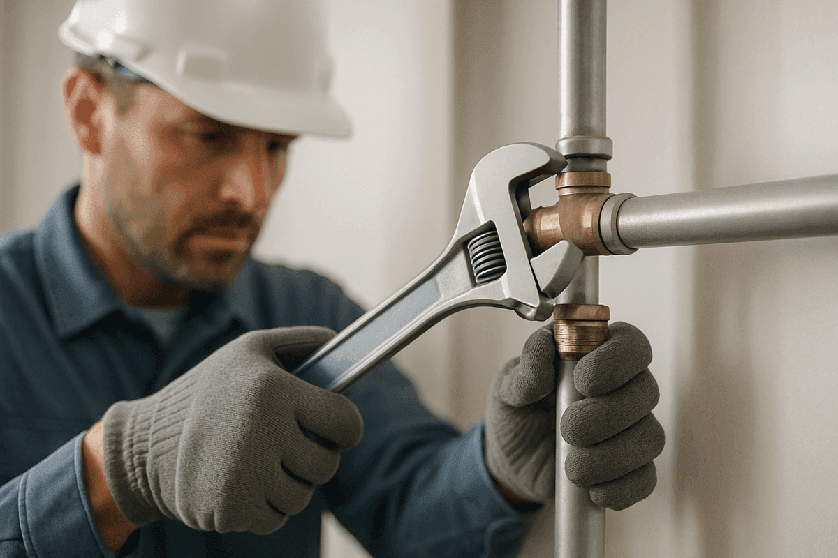 Plumber wearing gloves and helmet tightening pipe fitting with adjustable wrench indoors
